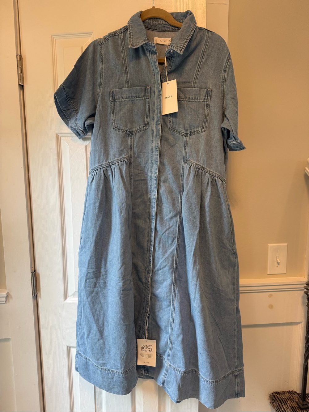 MAYE Montana Denim Shirtdress Light Blue Cotton Button Front Midi Dress M NEW!